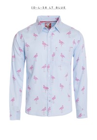 ew Mens ID Long Sleeve Button Down Dress Shirt Light Blue With Pink Flamingo Polka Dot Pattern Front Pocket 
