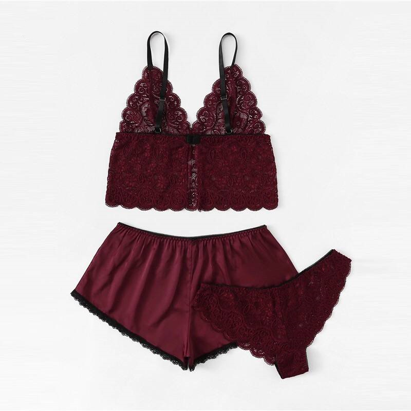 Lace Trim Velvet Cami & Shorts lingerie 3 Piece set